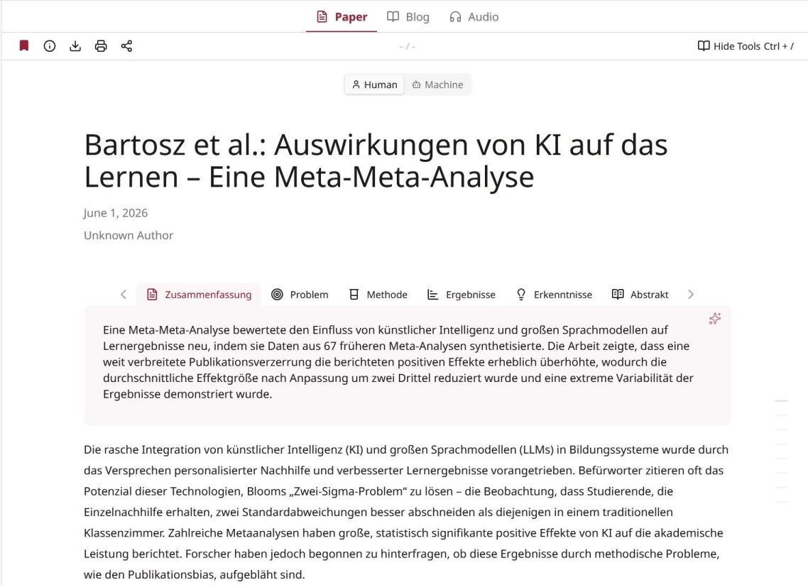 Screenshot von alphaXiv: Paper-Ansicht „Bartosz et al.: Auswirkungen von KI auf das Lernen – Eine Meta-Meta-Analyse“ mit den Reitern Paper, Blog und Audio sowie einer deutschen Zusammenfassung.