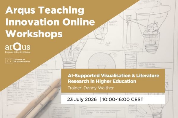 Ankündigungsgrafik der Arqus Teaching Innovation Online Workshops der Arqus European University Alliance: „AI-Supported Visualisation & Literature Research in Higher Education“, Trainer: Danny Walther, 23. Juli 2026, 10:00–16:00 Uhr MESZ; im Hintergrund Skizzen von Glühbirnen und zwei Bleistifte.
