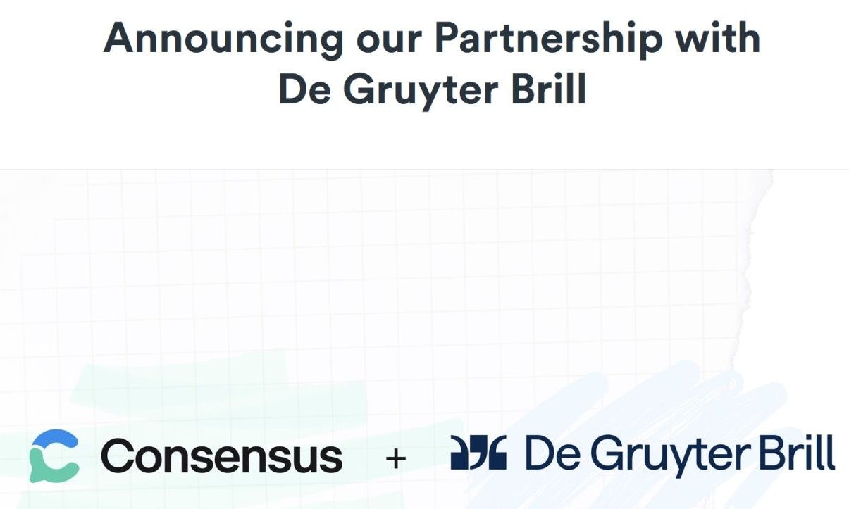 Ankündigung „Announcing our Partnership with De Gruyter Brill“ mit den Logos von Consensus und De Gruyter Brill, verbunden durch ein Pluszeichen.