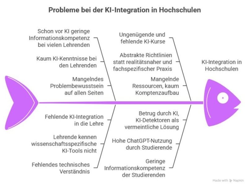 Fischgräten-Diagramm „Probleme bei der KI-Integration in Hochschulen“ (erstellt mit Napkin AI). Oben links: schon vor KI geringe Informationskompetenz bei vielen Lehrenden, kaum KI-Kenntnisse bei den Lehrenden, mangelndes Problembewusstsein auf allen Seiten. Oben rechts: ungenügende und fehlende KI-Kurse, abstrakte Richtlinien statt realitätsnaher und fachspezifischer Praxis, mangelnde Ressourcen und kaum Kompetenzaufbau. Unten links: fehlende KI-Integration in die Lehre, Lehrende kennen wissenschaftsspezifische KI-Tools nicht, fehlendes technisches Verständnis. Unten rechts: Betrug durch KI und KI-Detektoren als vermeintliche Lösung, hohe ChatGPT-Nutzung durch Studierende, geringe Informationskompetenz der Studierenden.
