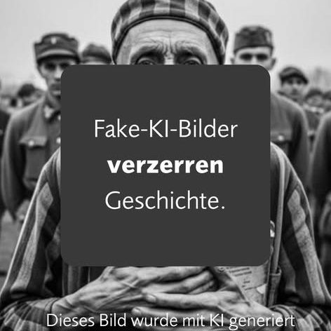 Schwarz-Weiß-Bild eines ausgemergelten Mannes in gestreifter Häftlingskleidung und Mütze, der die Hände vor der Brust faltet, dahinter Uniformierte. Im Vordergrund eine Textkachel: „Fake-KI-Bilder verzerren Geschichte.“ Darunter der Hinweis: „Dieses Bild wurde mit KI generiert“.