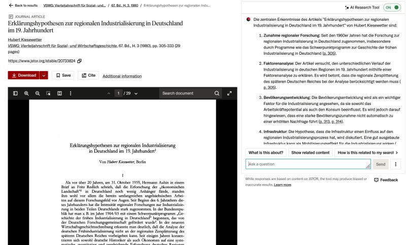 Screenshot: JSTOR-Artikel von Hubert Kiesewetter zur regionalen Industrialisierung in Deutschland im 19. Jahrhundert, daneben der KI-Assistent von JSTOR mit einer Zusammenfassung der zentralen Erkenntnisse und Seitenverweisen.
