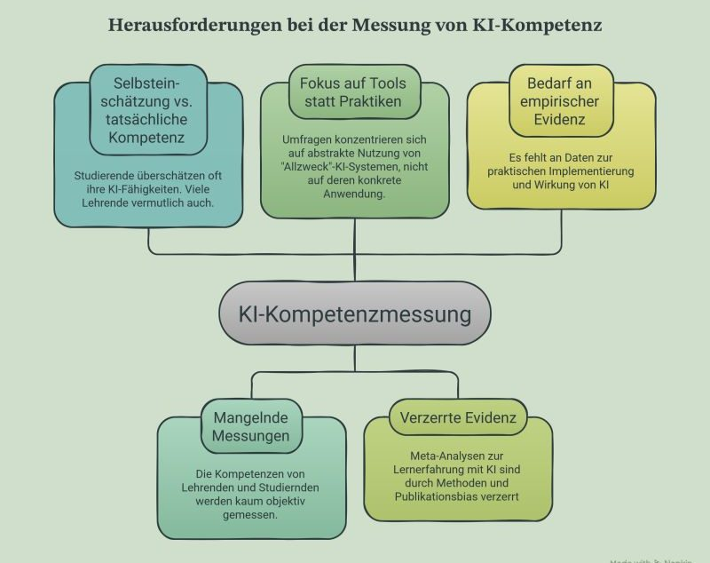 Infografik „Herausforderungen bei der Messung von KI-Kompetenz“: Selbsteinschätzung vs. tatsächliche Kompetenz, Fokus auf Tools statt Praktiken, Bedarf an empirischer Evidenz, mangelnde Messungen und verzerrte Evidenz.