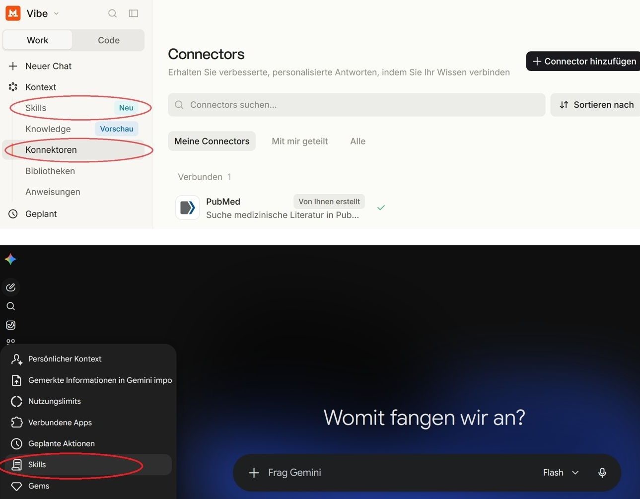 Zwei Screenshots. Oben: Mistral (Oberfläche „Vibe“, Reiter Work und Code). In der Seitenleiste unter „Kontext“ stehen Skills (mit dem Hinweis „Neu“, rot umkreist), Knowledge (Vorschau), Konnektoren (rot umkreist), Bibliotheken und Anweisungen. Rechts die Seite „Connectors“ mit genau einem verbundenen Eintrag: PubMed („Suche medizinische Literatur in Pub…“). Unten: Gemini („Womit fangen wir an?“) mit geöffnetem Menü: Persönlicher Kontext, Gemerkte Informationen in Gemini importieren, Nutzungslimits, Verbundene Apps, Geplante Aktionen, Skills (rot umkreist) und Gems.