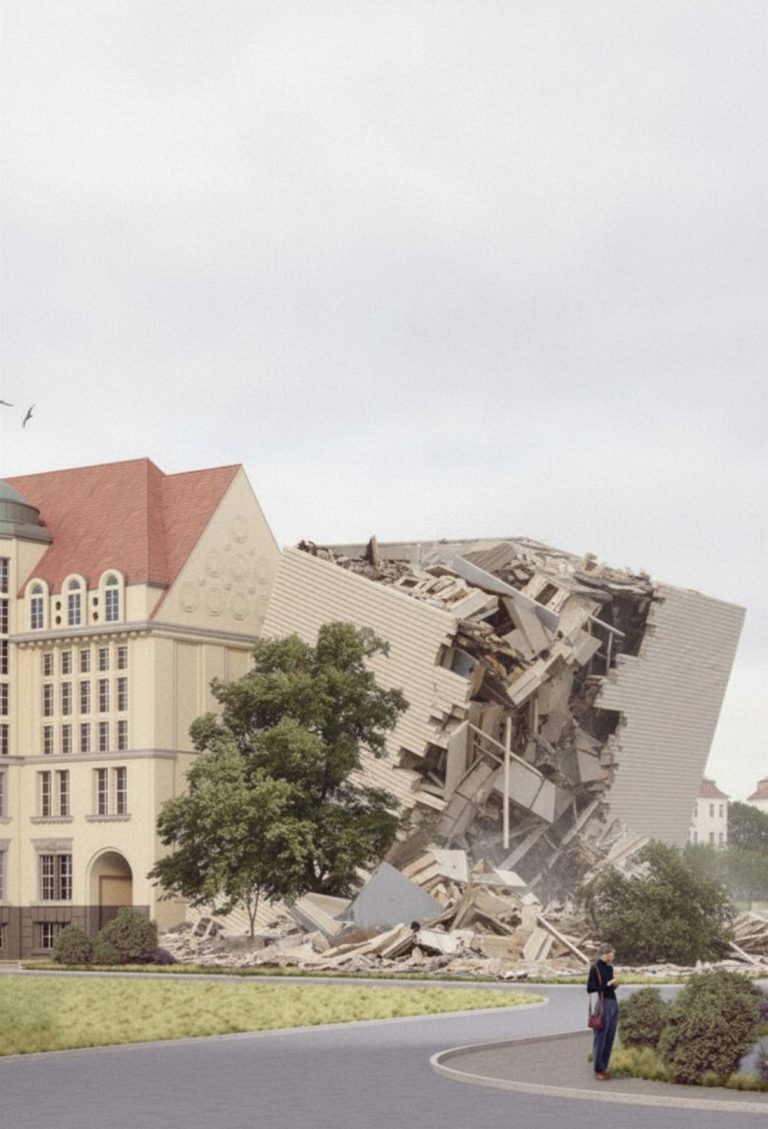 Bildmontage: Ein Bibliotheksgebäude mit rotem Walmdach und gelber Fassade im Vordergrund, dessen rechter, gestufter Gebäudeteil in sich zusammenstürzt; Trümmer, Balken und Schutt türmen sich auf. Davor eine kleine Person auf einem Weg, über dem Gebäude fliegen Möwen.