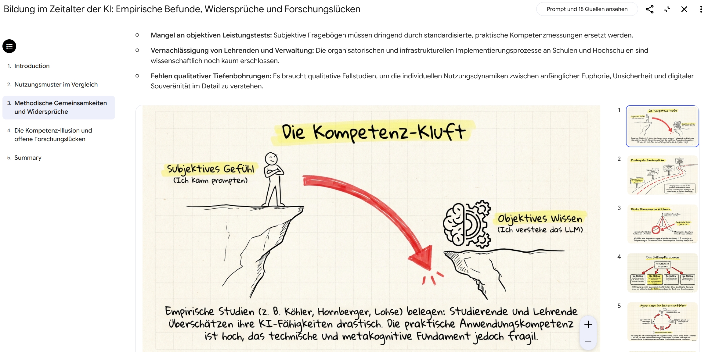 Screenshot eines interaktiven Berichts in Gemini Notebook (NotebookLM) im Stil der Visual Codes von Ronald Worgatsch: eine handgezeichnete Infografik mit dem Titel „Die Kompetenz-Kluft“, die den Abstand zwischen subjektivem Gefühl und objektivem Wissen bei der KI-Nutzung zeigt, eingebettet in den Fließtext des Berichts.