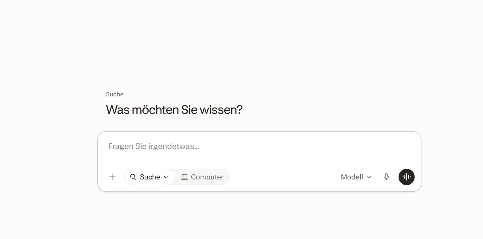 Screenshot der deutschsprachigen Startseite von Perplexity: „Suche – Was möchten Sie wissen?“, darunter ein Eingabefeld mit dem Platzhalter „Fragen Sie irgendetwas…“ sowie die Schaltflächen „Suche“, „Computer“, „Modell“, Mikrofon und Sprachmodus.