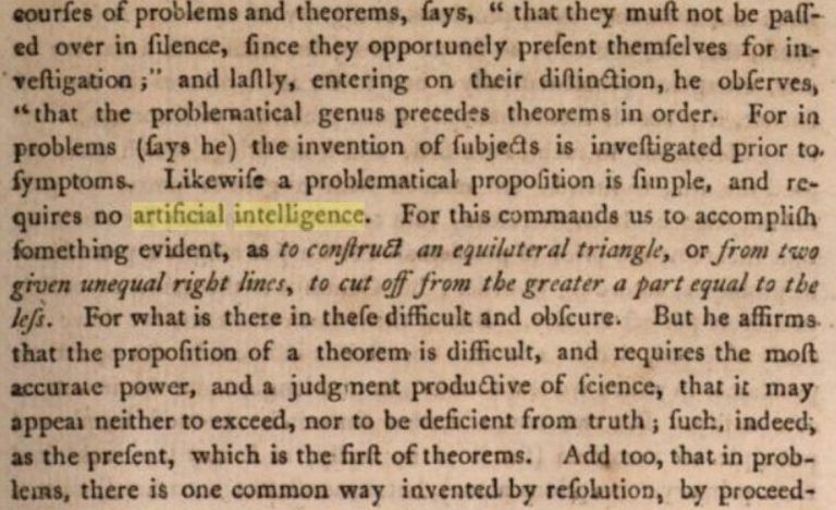 Textausschnitt aus dem Buch von 1792 mit gelb markierter Stelle: „…a problematical proposition is simple, and requires no artificial intelligence.“