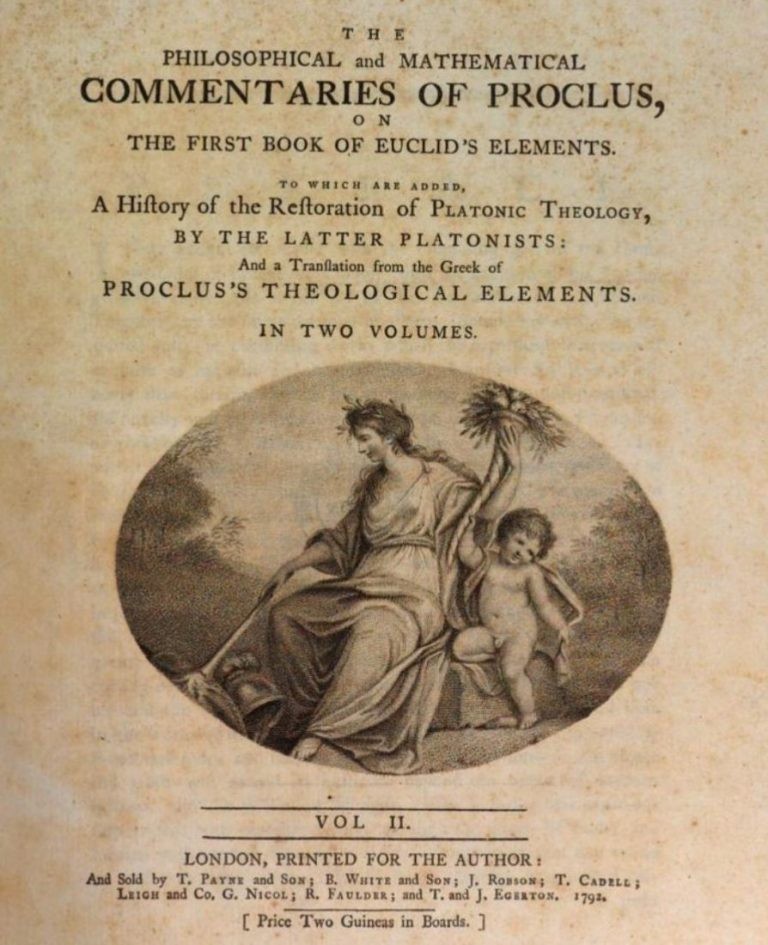 Titelblatt des Buchs „The Philosophical and Mathematical Commentaries of Proclus, on the First Book of Euclid's Elements“ (Vol. II), mit einer Radierung einer sitzenden Frauengestalt mit Füllhorn und einem Kind. Unten: „London, printed for the author, 1792“.