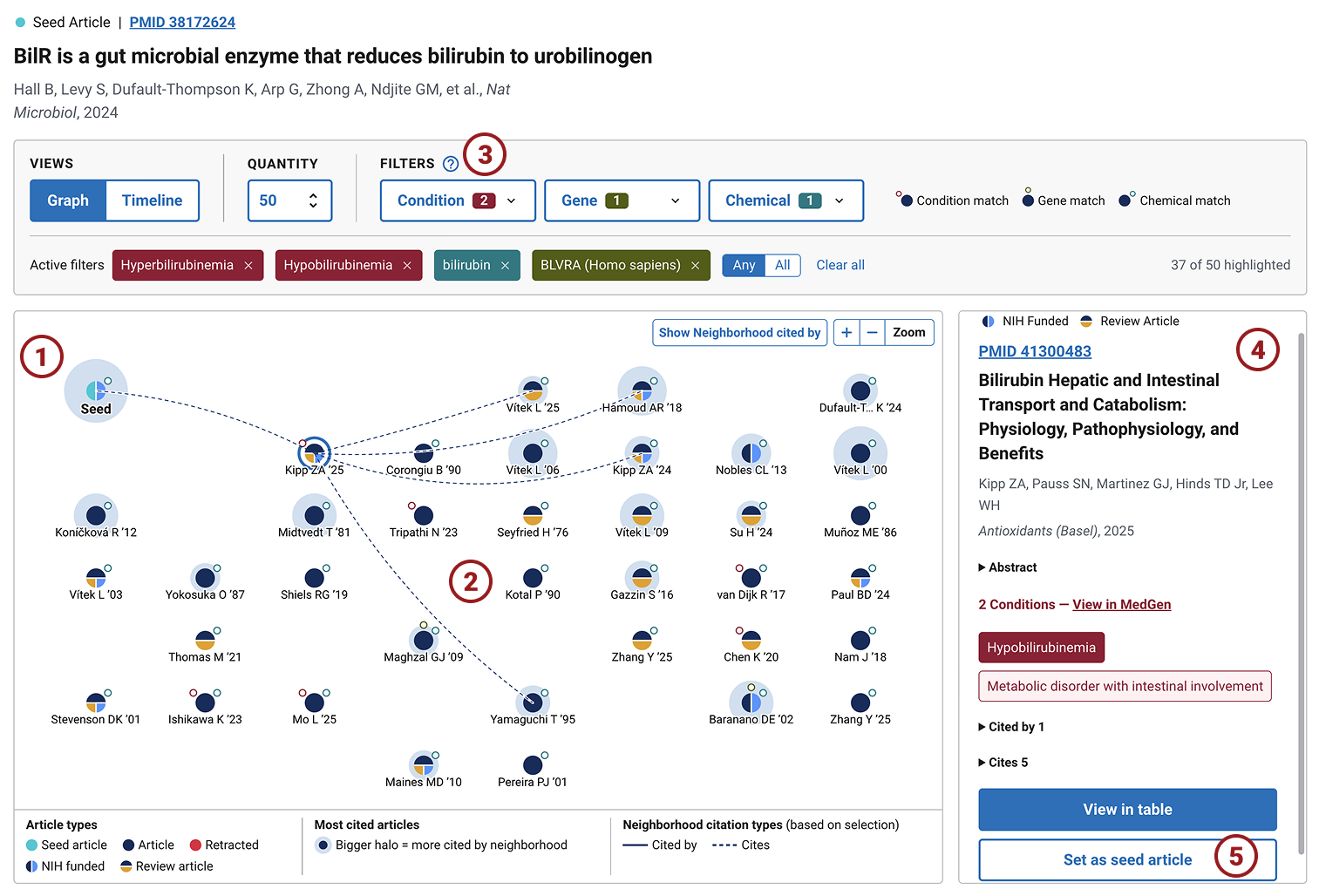 Screenshot der PubMed-Linked-Discoveries-Oberfläche: Graph-Ansicht mit Ausgangsartikel (Seed) und einer Nachbarschaft thematisch ähnlicher Paper, Filter nach Condition, Gene und Chemical, sowie ein Detailpanel eines ausgewählten Artikels mit Button „Set as seed article“.