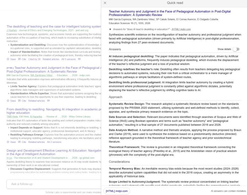 Screenshot aus Google Scholar Labs: Trefferliste zur Frage, ob KI zu Deskilling in der Bildung führt; rechts das Fenster „Quick read“ mit den Abschnitten Answers, Approach und Considerations zu einer systematischen Übersichtsarbeit.