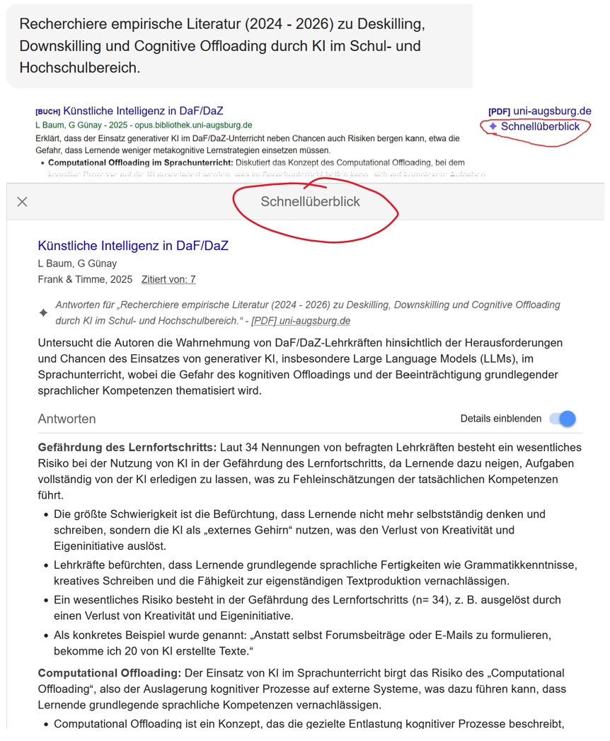 Screenshot aus Google Scholar Labs: deutscher Prompt zu Deskilling, Downskilling und Cognitive Offloading durch KI. Rot eingekreist ist die Schaltfläche Schnellüberblick, darunter die deutschsprachige Zusammenfassung eines Treffers.